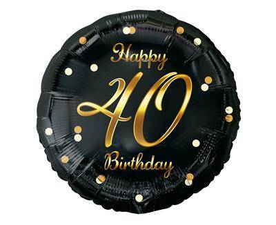 Balon foliowy Happy 40 Birthday, czarny złoty nadruk, 46 cm