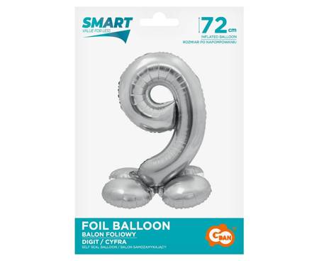 Balon foliowy, stojąca cyfra 9, srebrna, 72 cm