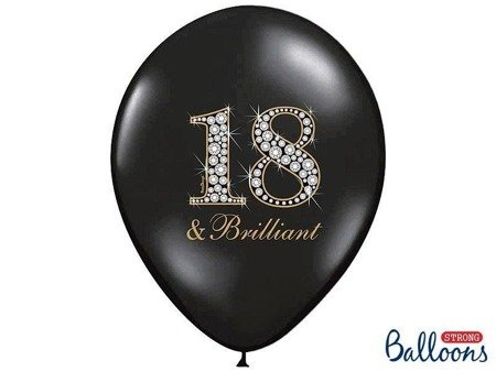 Balony Strong, urodzinowe 18 & Brilliant, Czarne 30cm, 50 szt.