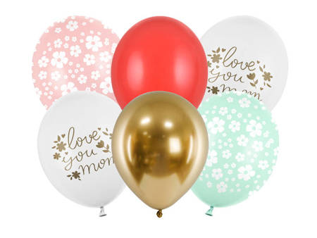 Balony lateksowe Love you mom Dzień matki, kwiatki 30cm, 6 sztuk