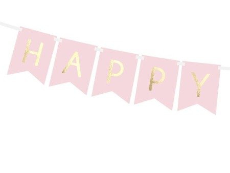 Girlanda urodzinowa Happy Birthday Różowa, złoty napis, 16cm